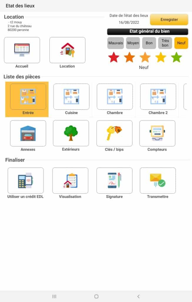 Tableau de bord de l'application état des lieux facile