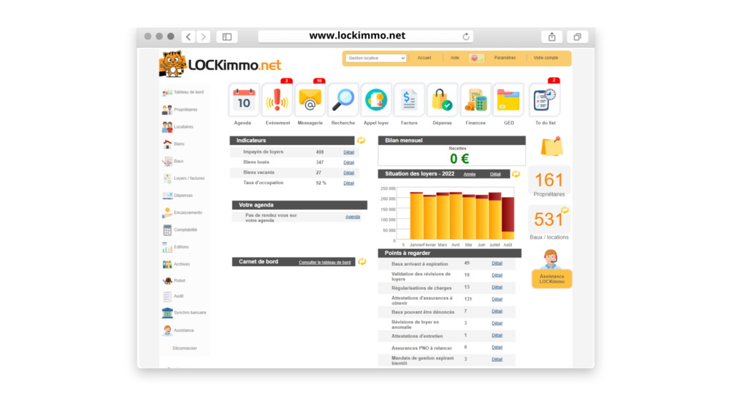 interface du tableau de bord du logiciel LOCKimmo